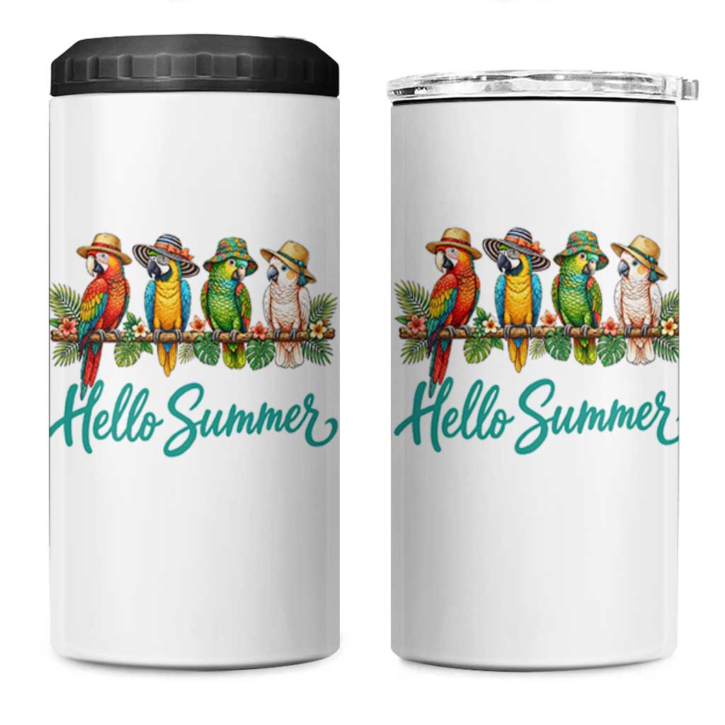 Hello Summer Parrots 4 in 1 Can Cooler Tumbler Tropical Beach Vacation Graphic
