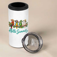 Hello Summer Parrots 4 in 1 Can Cooler Tumbler Tropical Beach Vacation Graphic