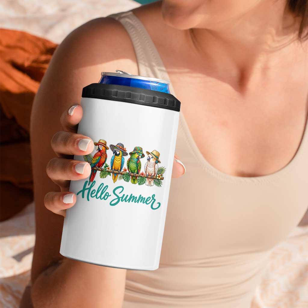 Hello Summer Parrots 4 in 1 Can Cooler Tumbler Tropical Beach Vacation Graphic