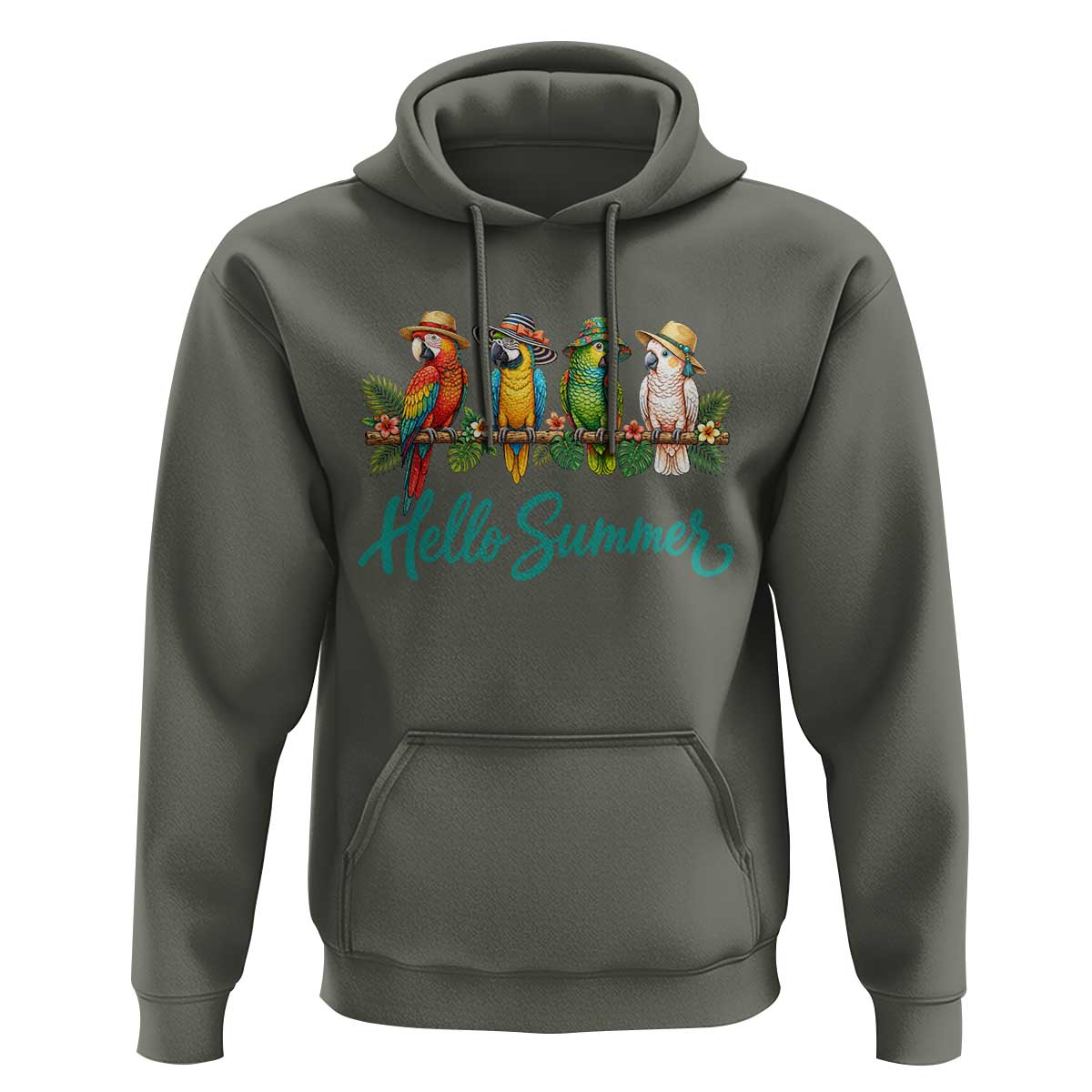 Hello Summer Parrots Hoodie Tropical Beach Vacation Graphic