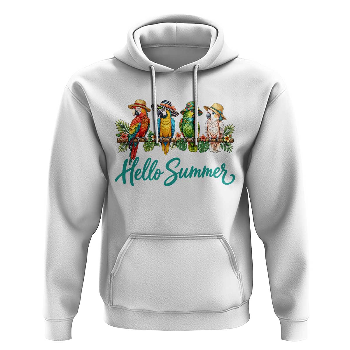 Hello Summer Parrots Hoodie Tropical Beach Vacation Graphic