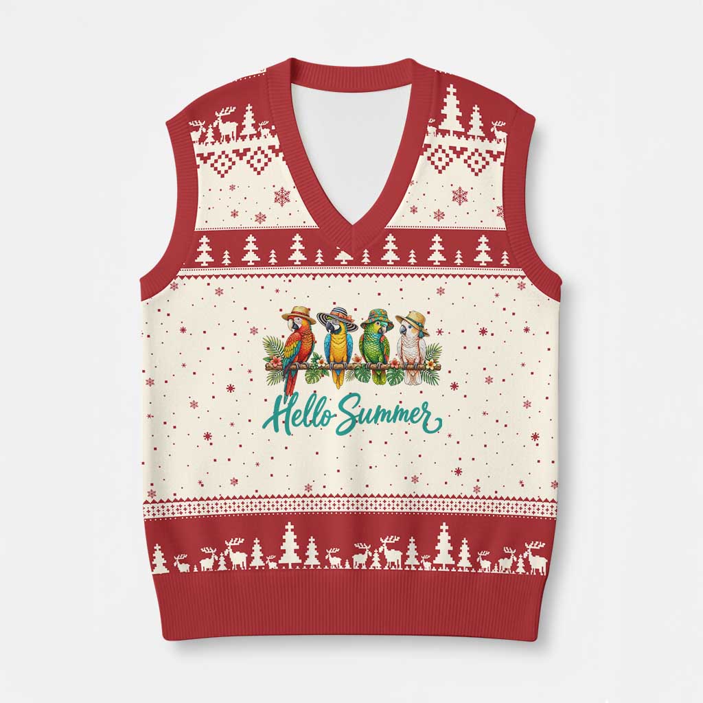 Hello Summer Parrots V-Neck Knit Sweater Vest Tropical Beach Vacation Graphic