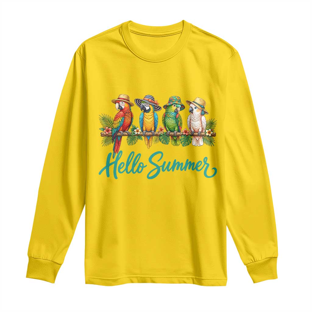 Hello Summer Parrots Long Sleeve Shirt Tropical Beach Vacation Graphic