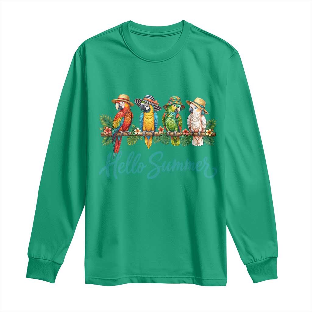 Hello Summer Parrots Long Sleeve Shirt Tropical Beach Vacation Graphic