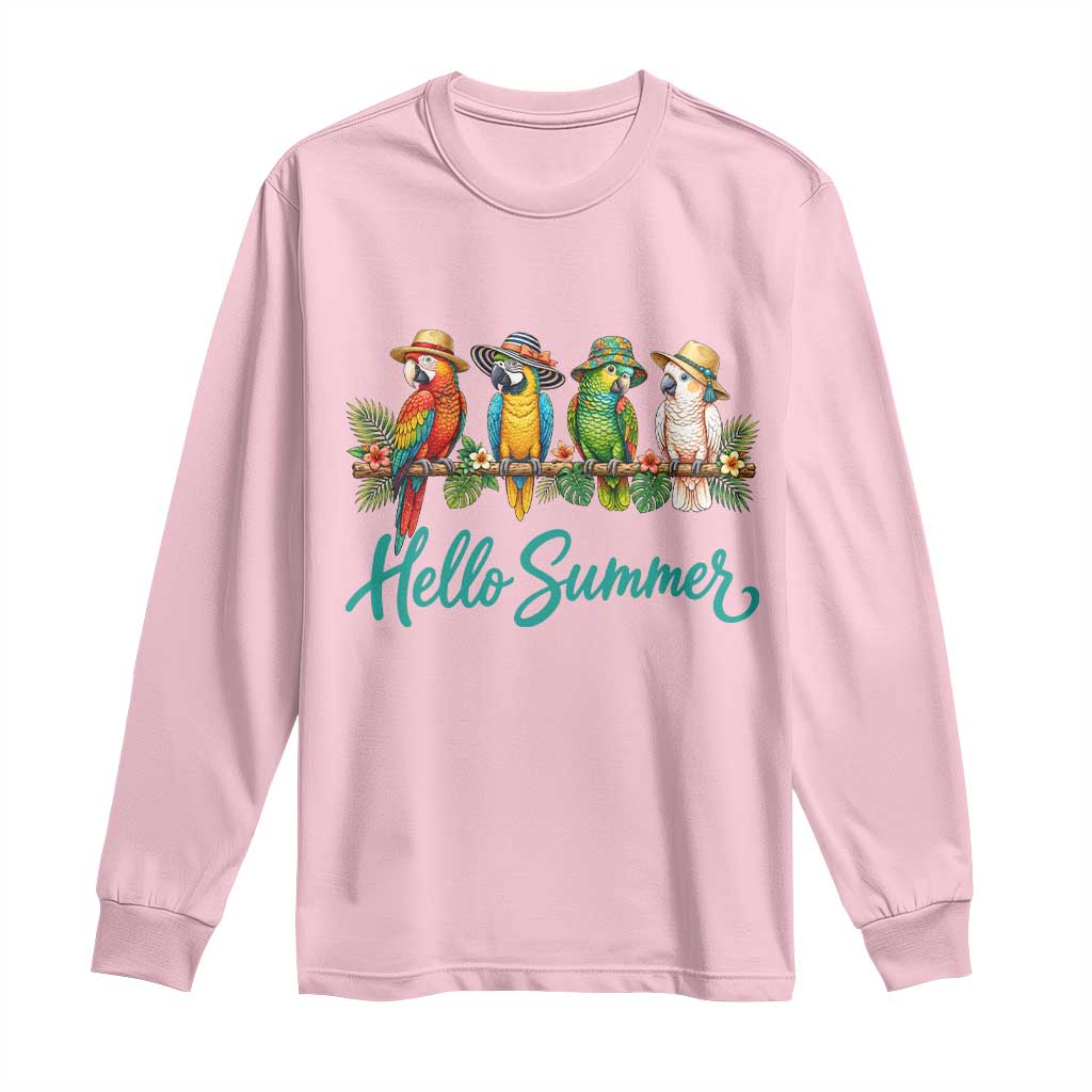 Hello Summer Parrots Long Sleeve Shirt Tropical Beach Vacation Graphic