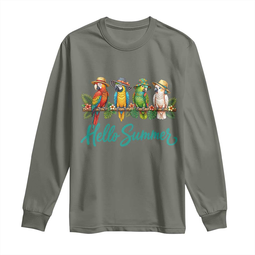 Hello Summer Parrots Long Sleeve Shirt Tropical Beach Vacation Graphic