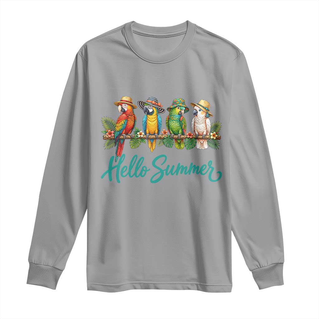 Hello Summer Parrots Long Sleeve Shirt Tropical Beach Vacation Graphic