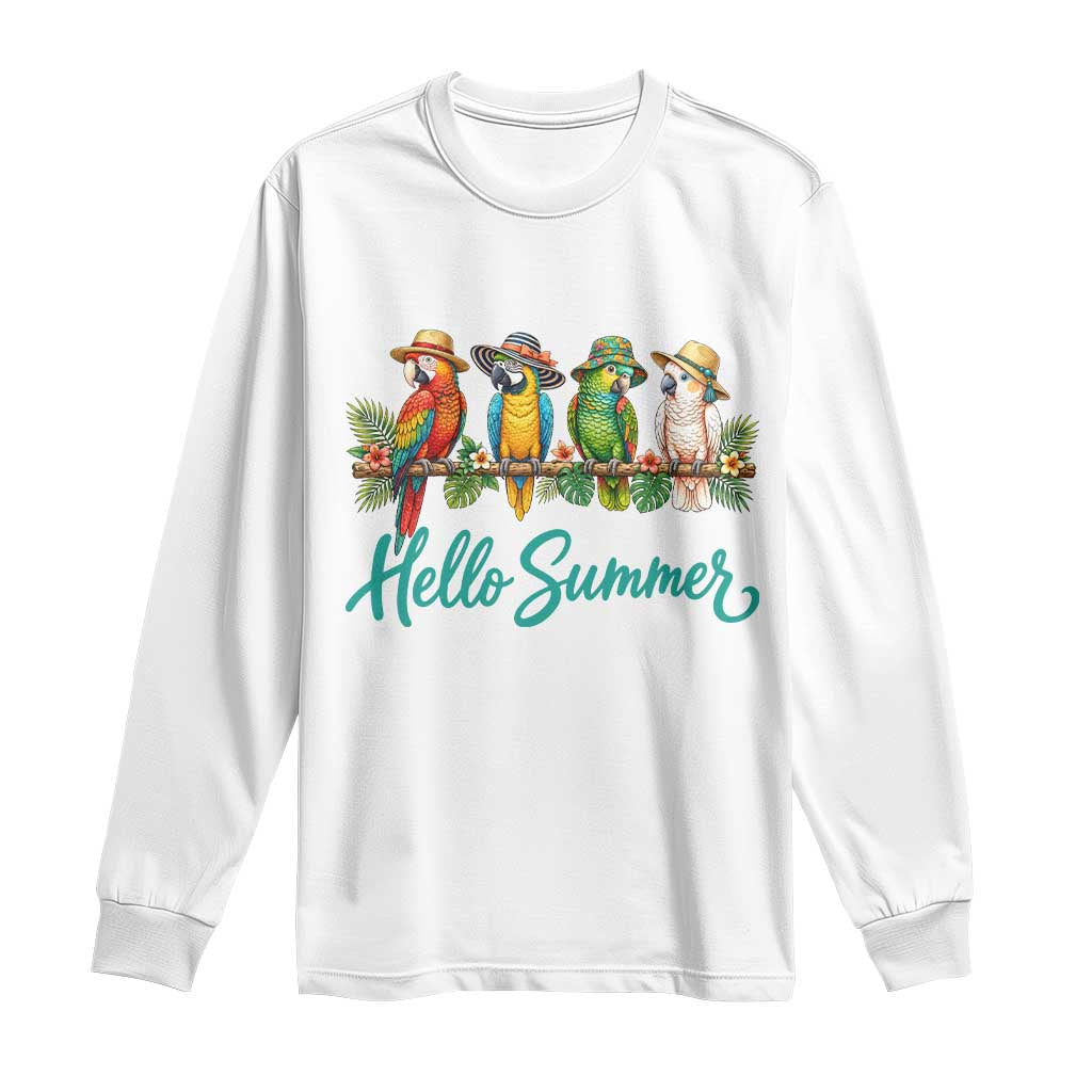 Hello Summer Parrots Long Sleeve Shirt Tropical Beach Vacation Graphic