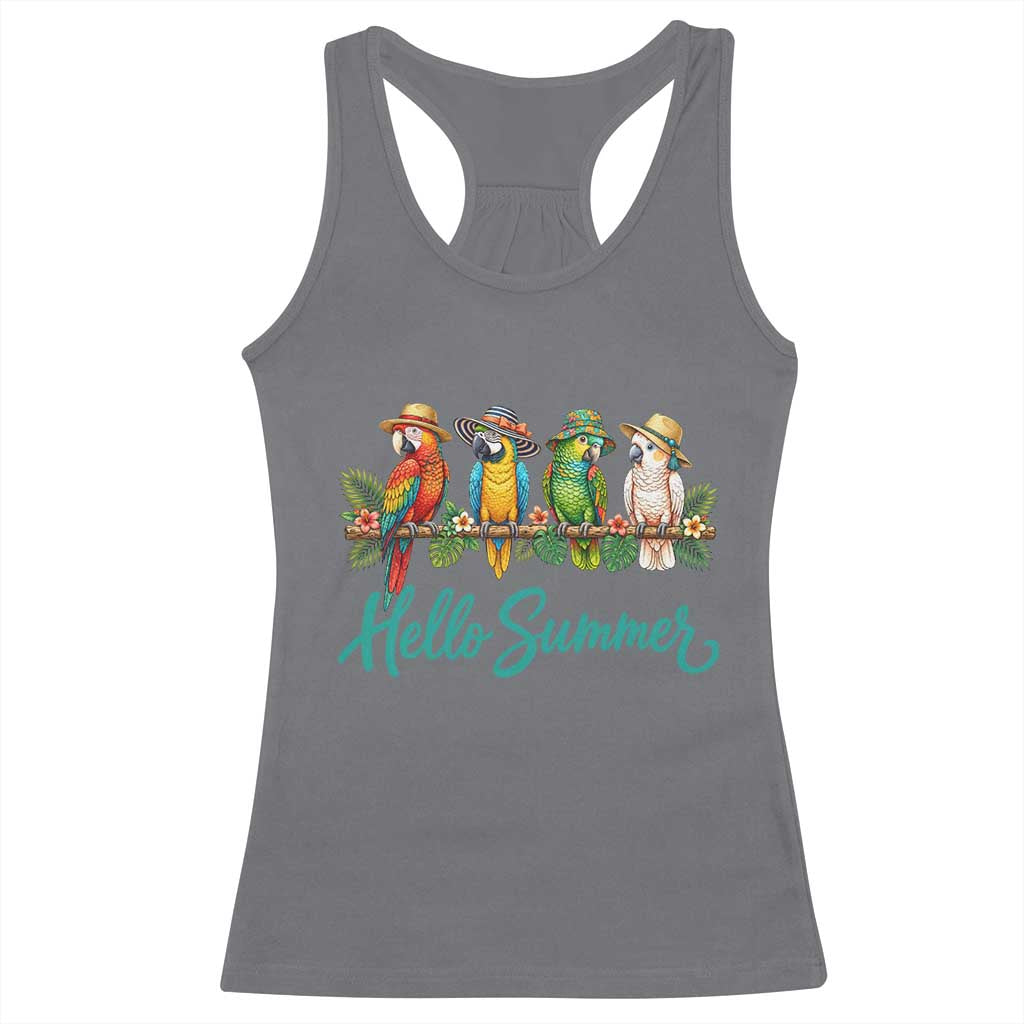 Hello Summer Parrots Racerback Tank Top Tropical Beach Vacation Graphic