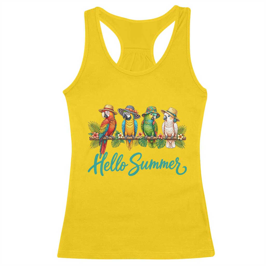 Hello Summer Parrots Racerback Tank Top Tropical Beach Vacation Graphic