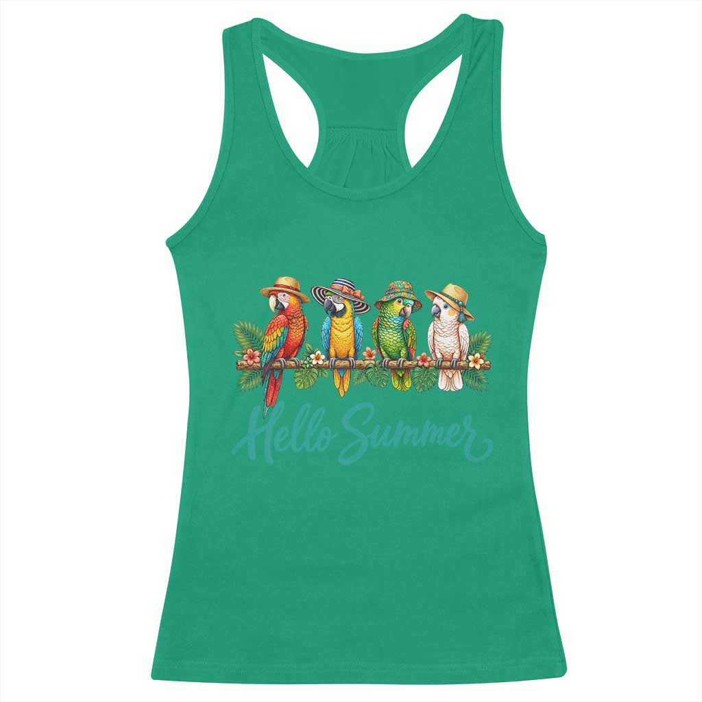 Hello Summer Parrots Racerback Tank Top Tropical Beach Vacation Graphic