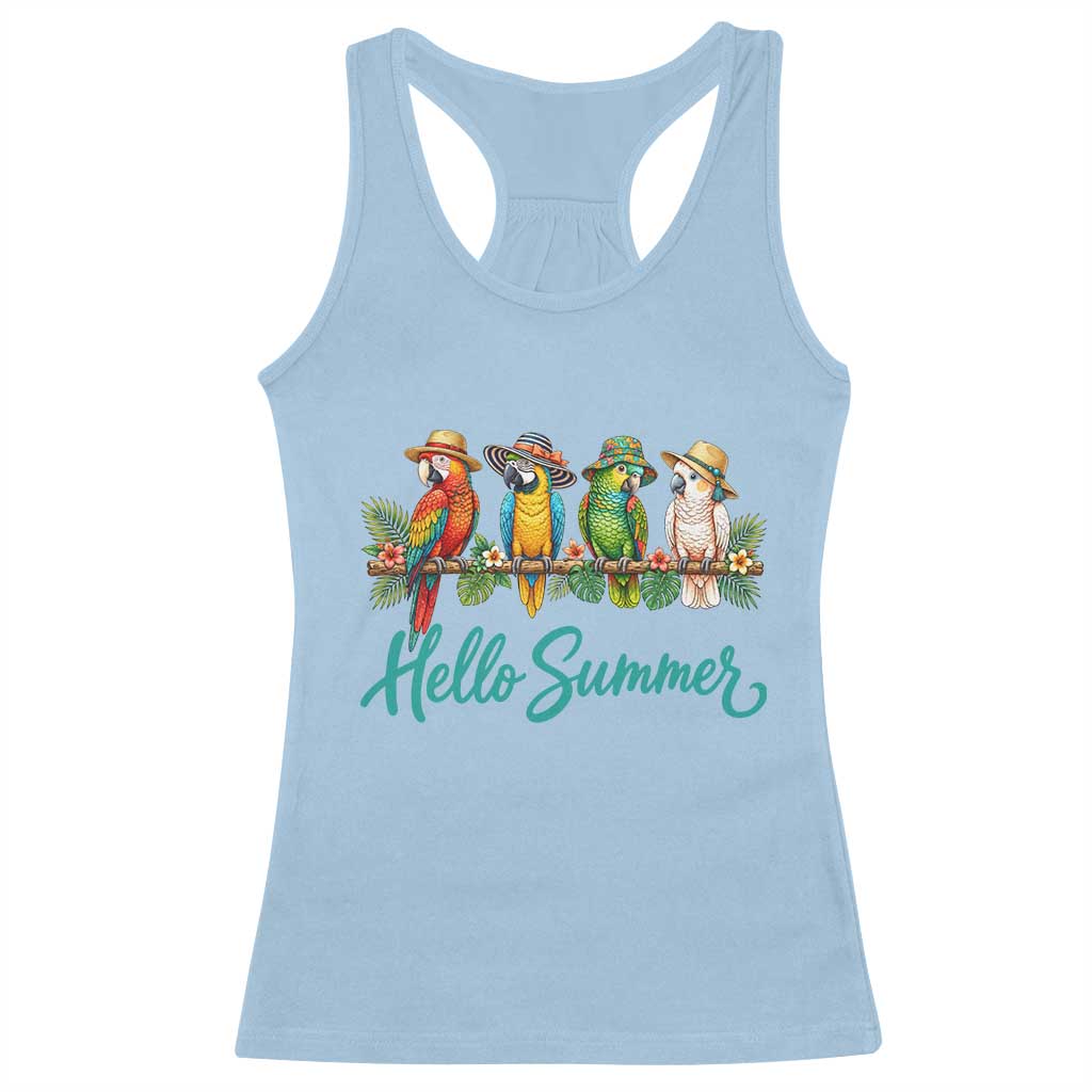 Hello Summer Parrots Racerback Tank Top Tropical Beach Vacation Graphic