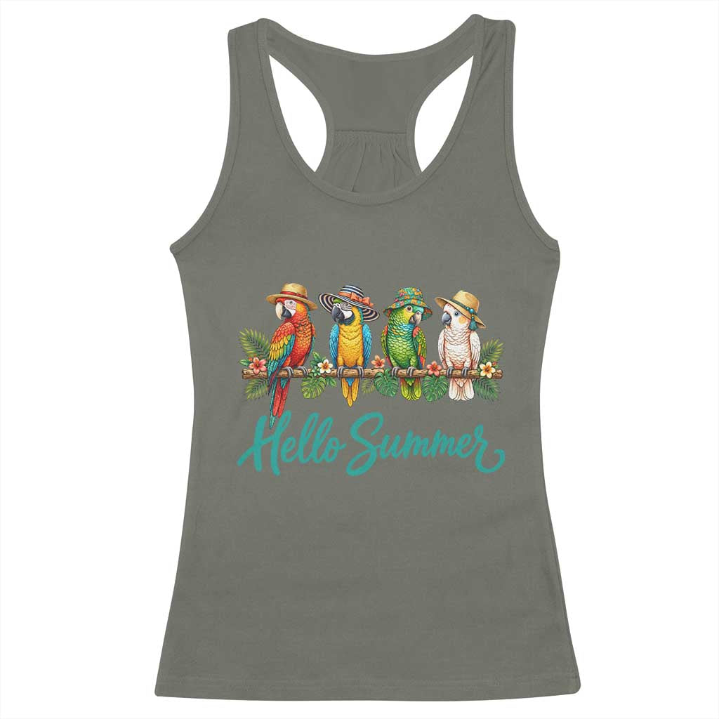 Hello Summer Parrots Racerback Tank Top Tropical Beach Vacation Graphic