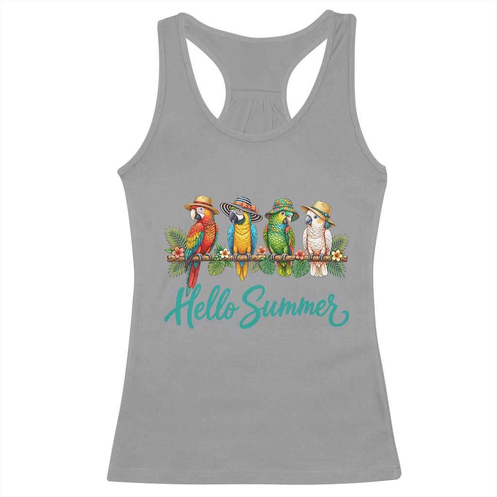 Hello Summer Parrots Racerback Tank Top Tropical Beach Vacation Graphic