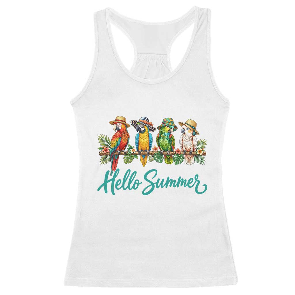 Hello Summer Parrots Racerback Tank Top Tropical Beach Vacation Graphic