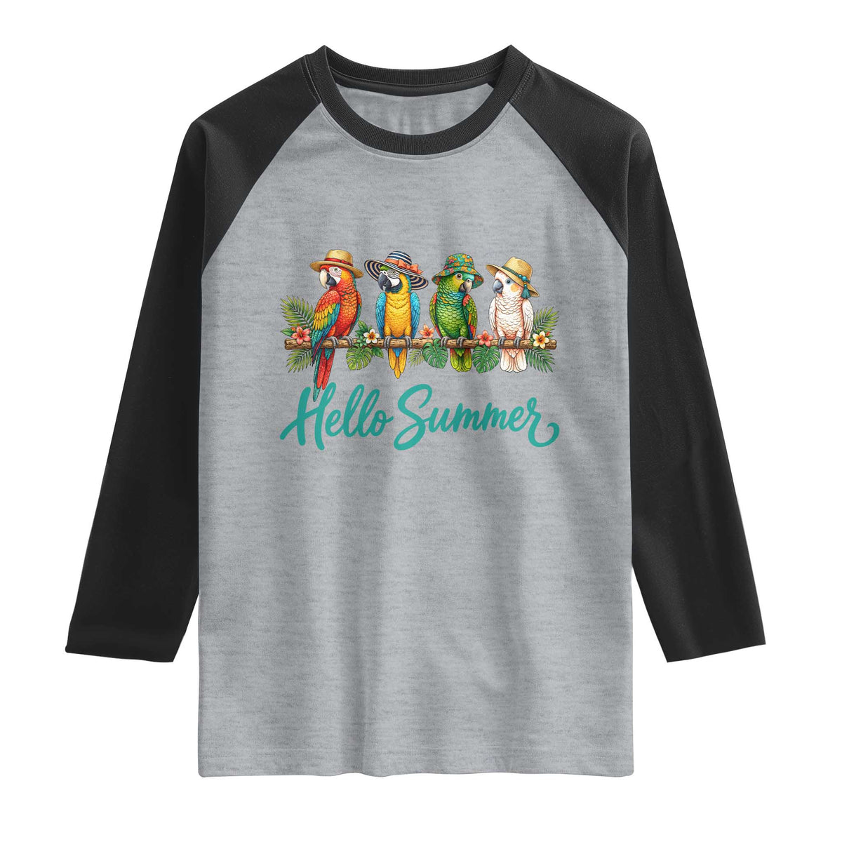 Hello Summer Parrots Raglan Shirt Tropical Beach Vacation Graphic