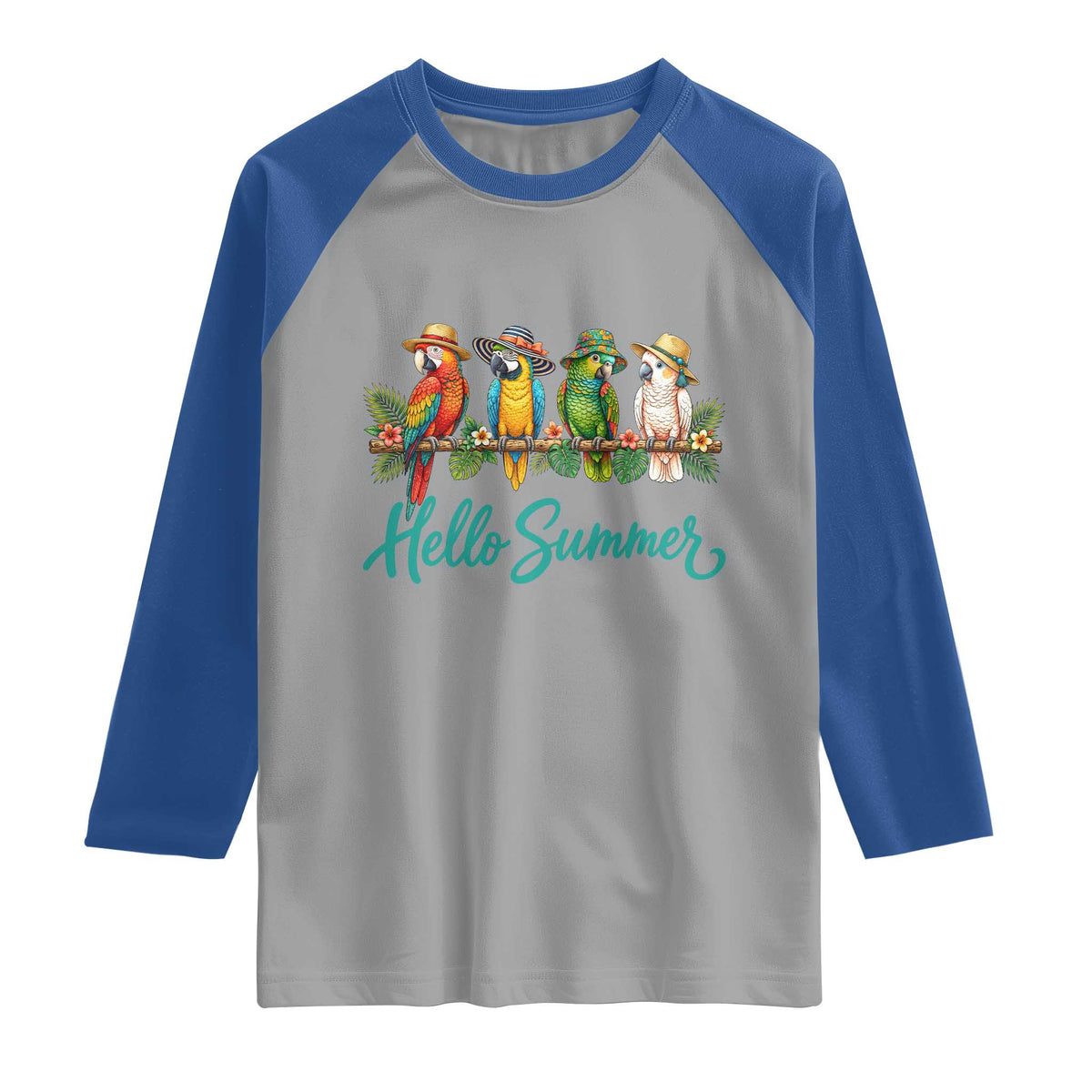 Hello Summer Parrots Raglan Shirt Tropical Beach Vacation Graphic