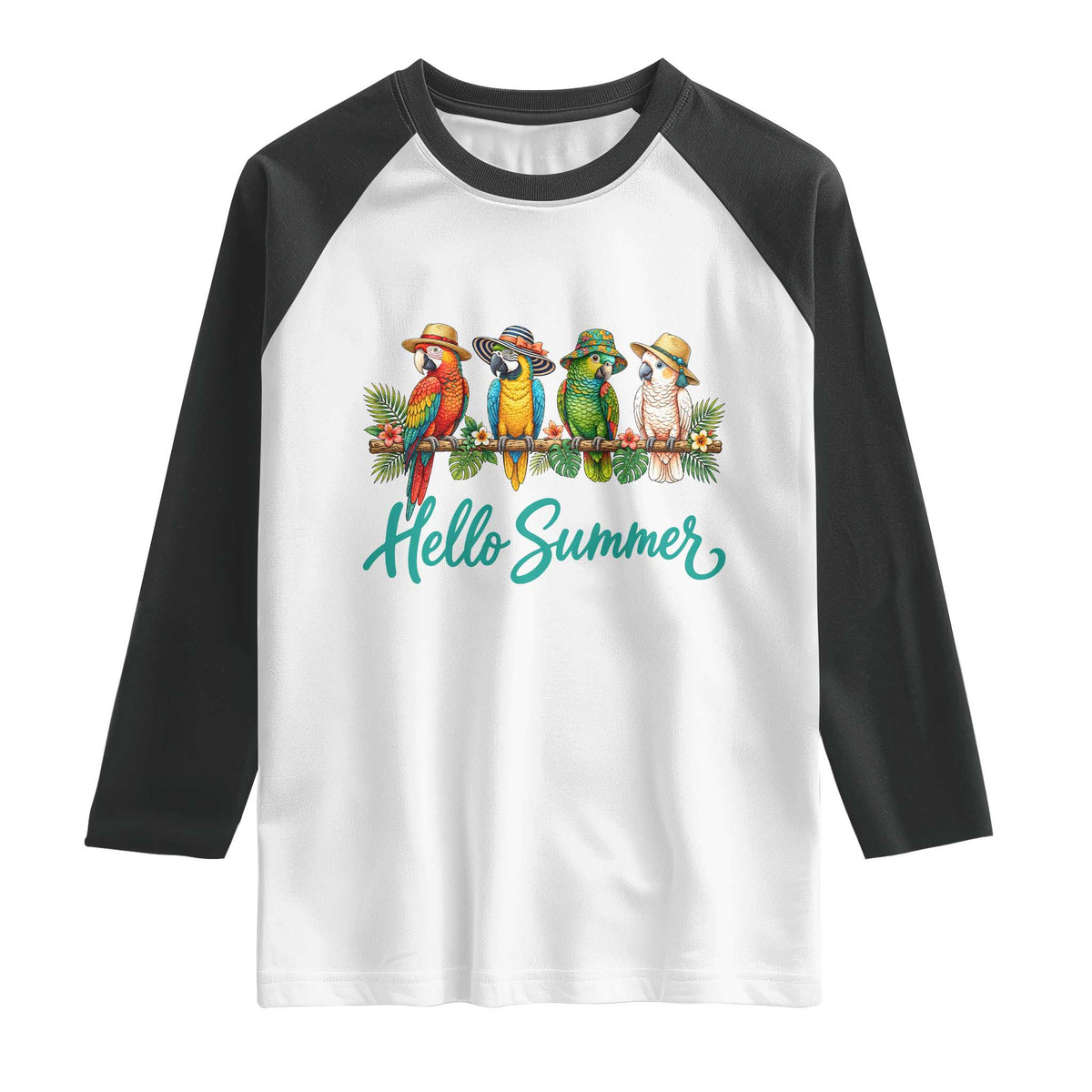 Hello Summer Parrots Raglan Shirt Tropical Beach Vacation Graphic