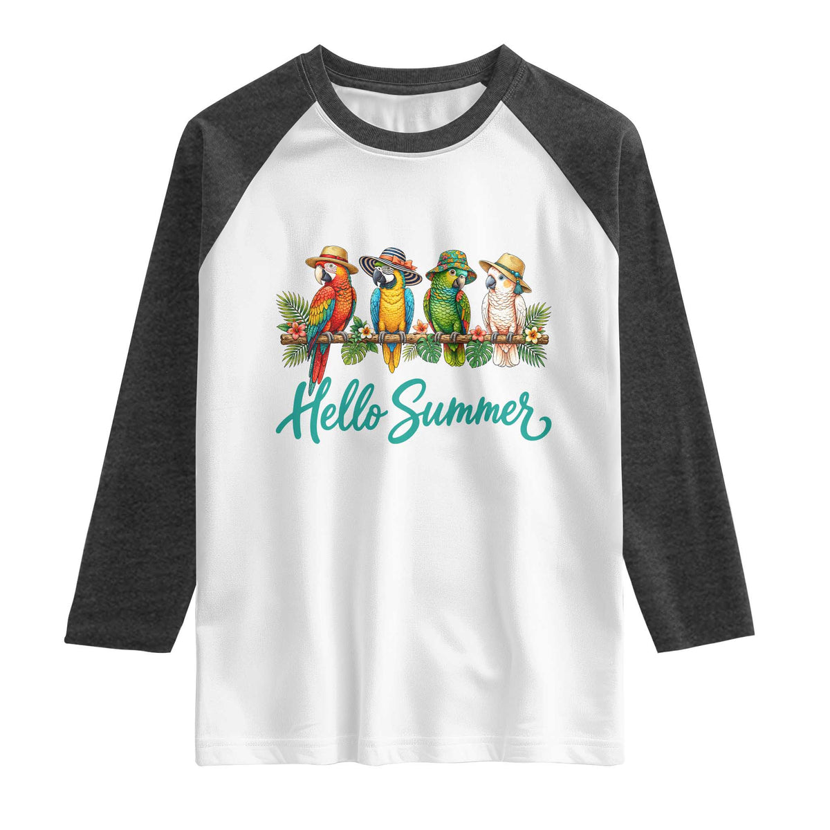 Hello Summer Parrots Raglan Shirt Tropical Beach Vacation Graphic