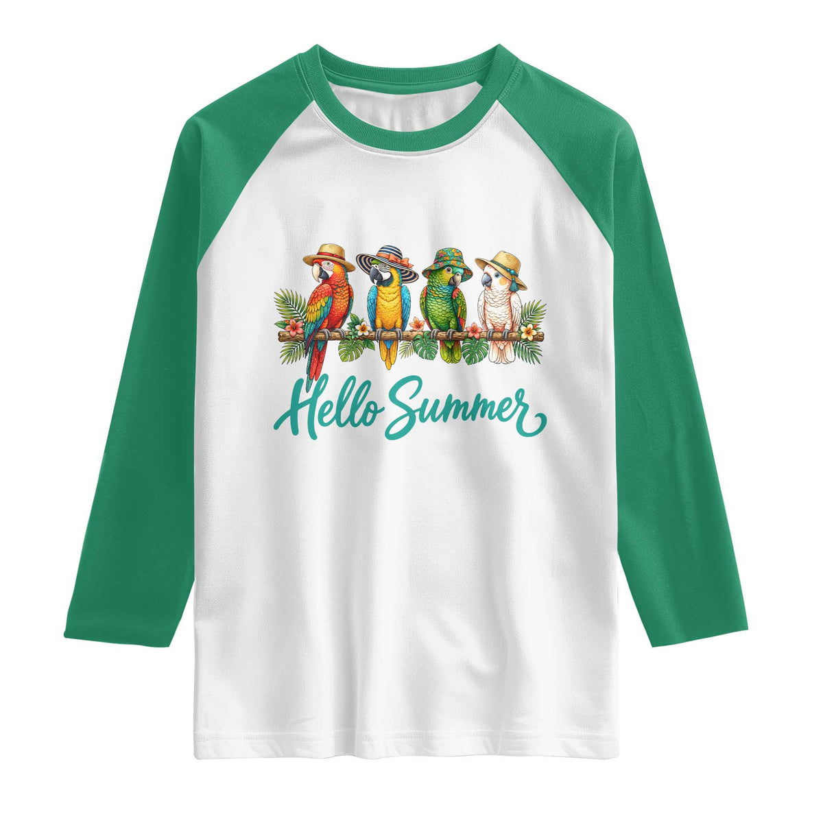Hello Summer Parrots Raglan Shirt Tropical Beach Vacation Graphic