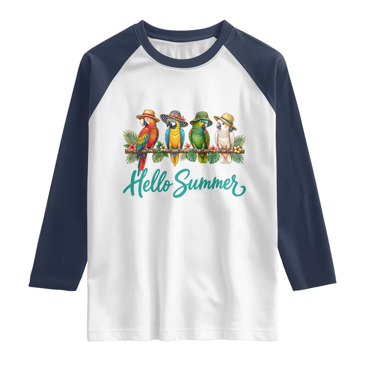Hello Summer Parrots Raglan Shirt Tropical Beach Vacation Graphic