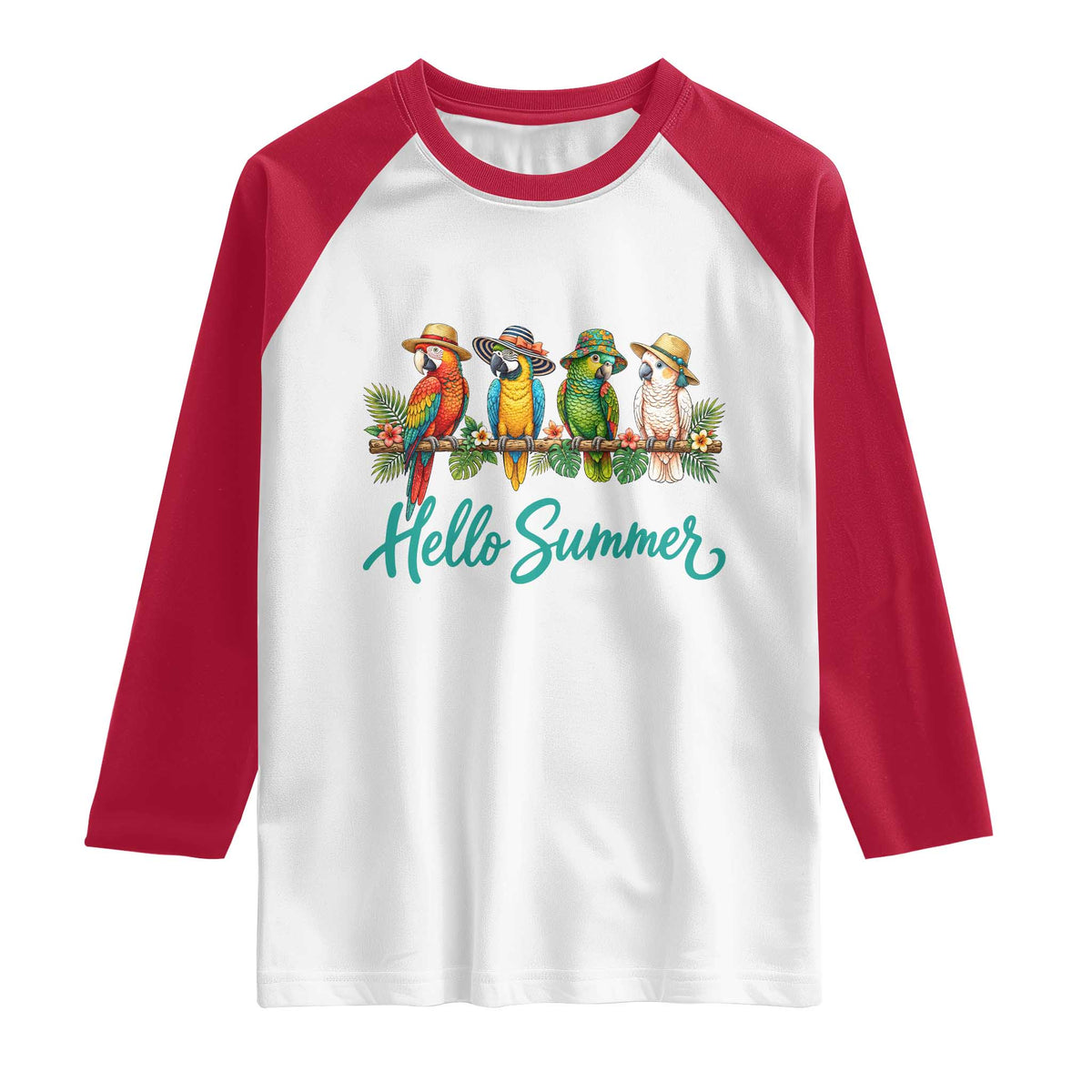 Hello Summer Parrots Raglan Shirt Tropical Beach Vacation Graphic
