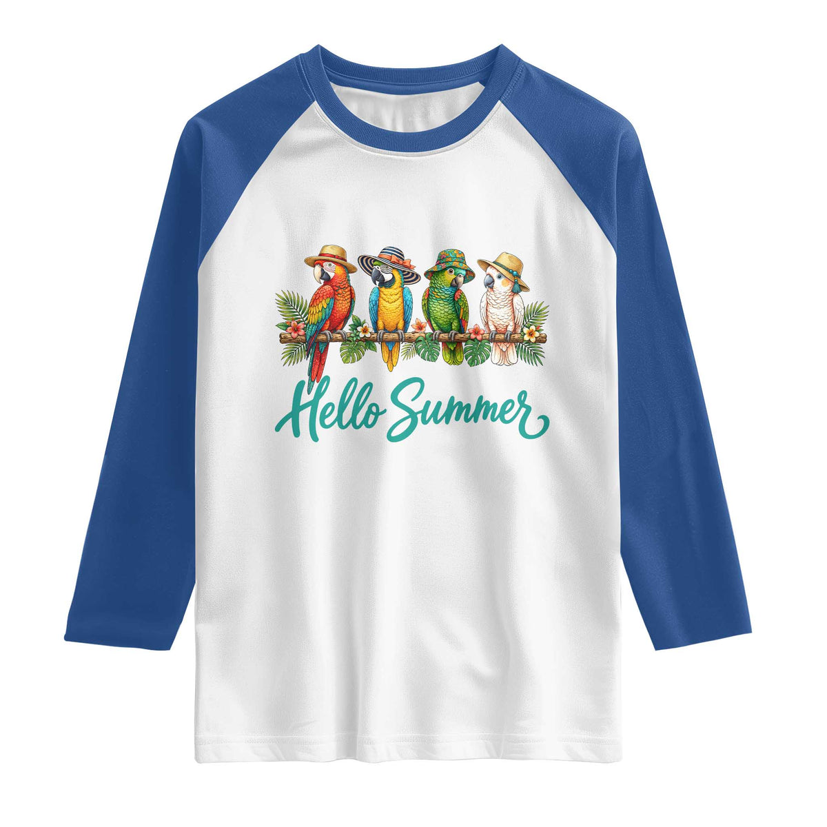 Hello Summer Parrots Raglan Shirt Tropical Beach Vacation Graphic