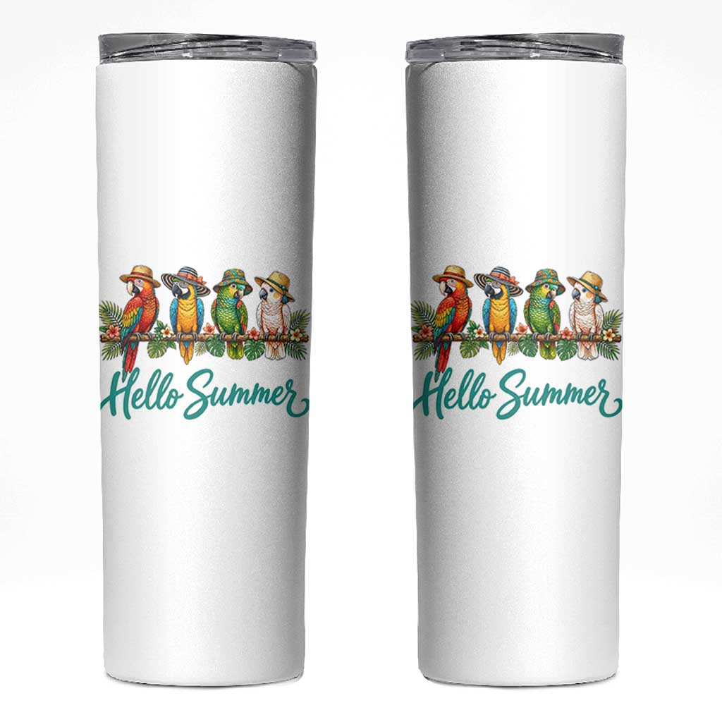 Hello Summer Parrots Skinny Tumbler Tropical Beach Vacation Graphic