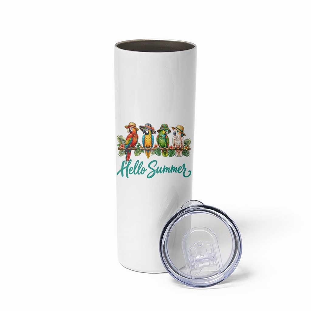 Hello Summer Parrots Skinny Tumbler Tropical Beach Vacation Graphic
