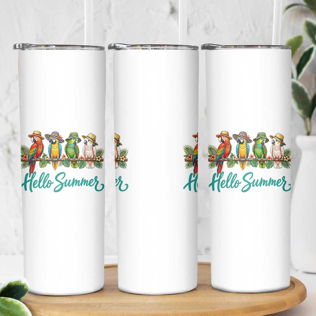 Hello Summer Parrots Skinny Tumbler Tropical Beach Vacation Graphic