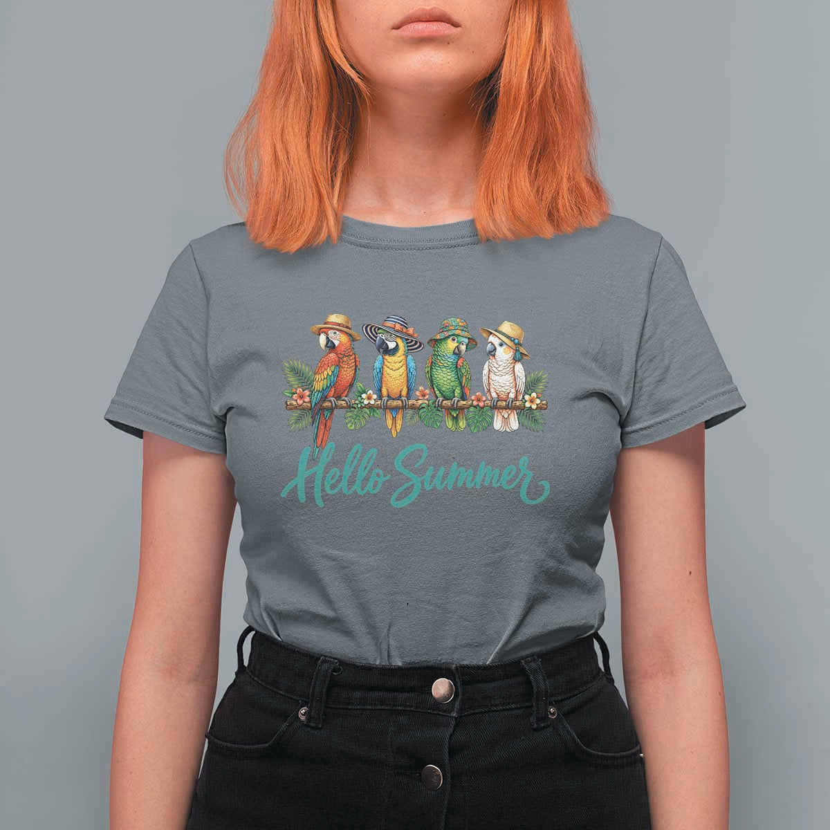 Hello Summer Parrots T Shirt For Women Tropical Beach Vacation Graphic