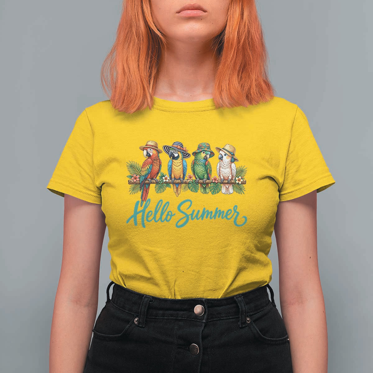 Hello Summer Parrots T Shirt For Women Tropical Beach Vacation Graphic