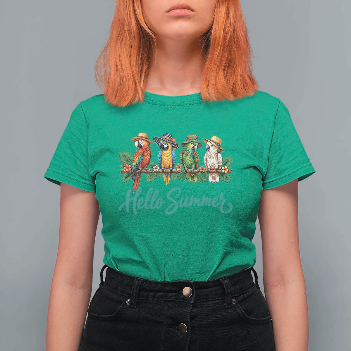 Hello Summer Parrots T Shirt For Women Tropical Beach Vacation Graphic