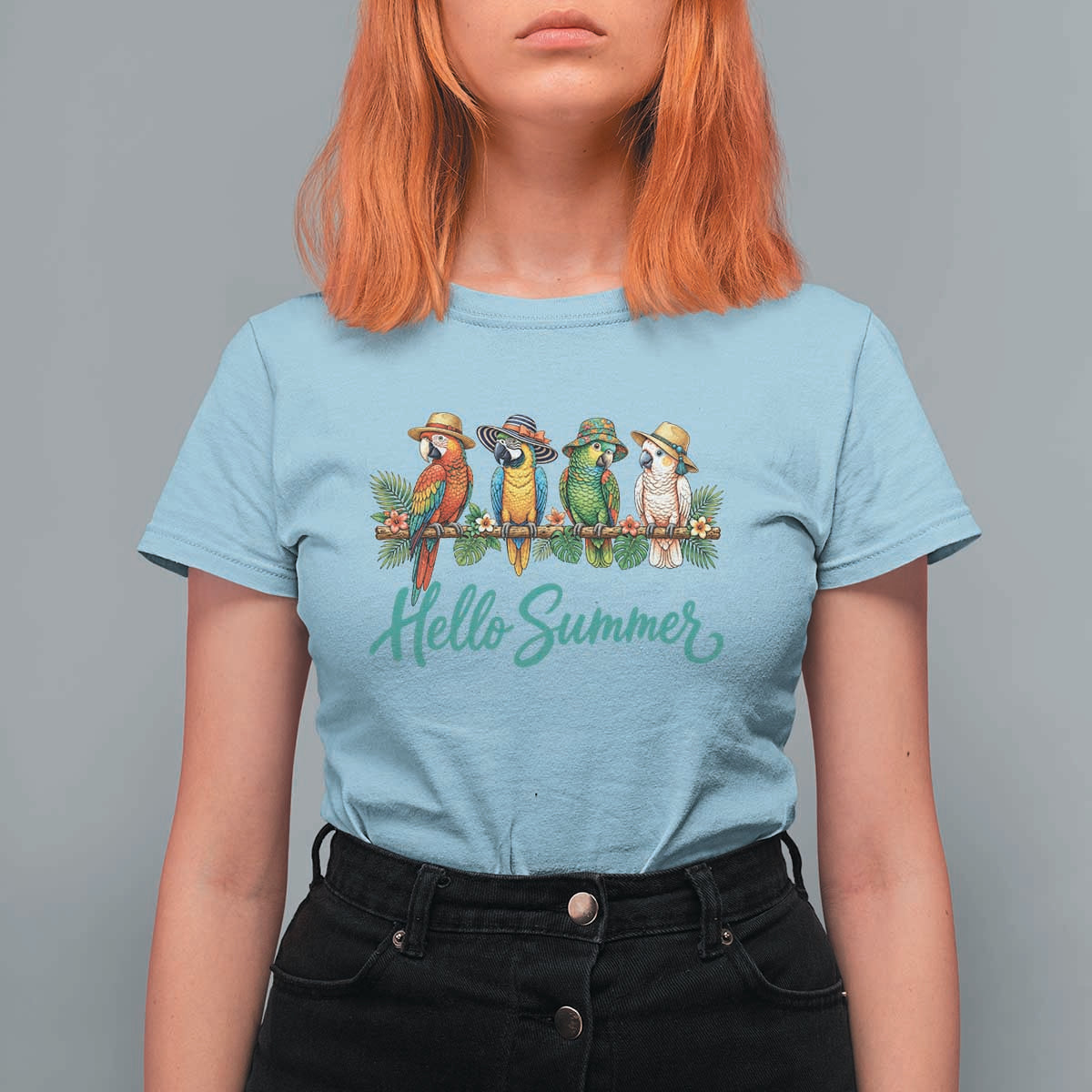 Hello Summer Parrots T Shirt For Women Tropical Beach Vacation Graphic