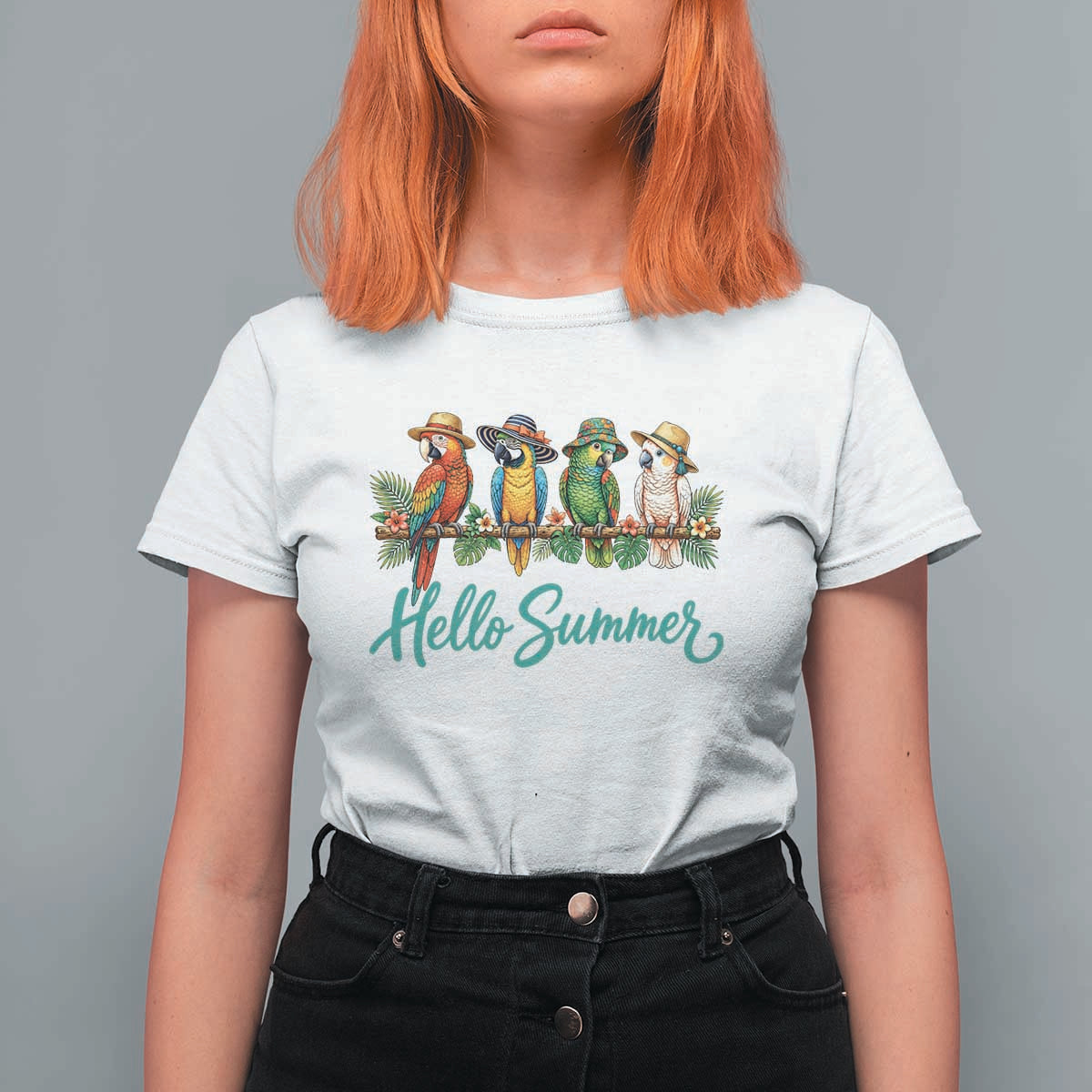 Hello Summer Parrots T Shirt For Women Tropical Beach Vacation Graphic