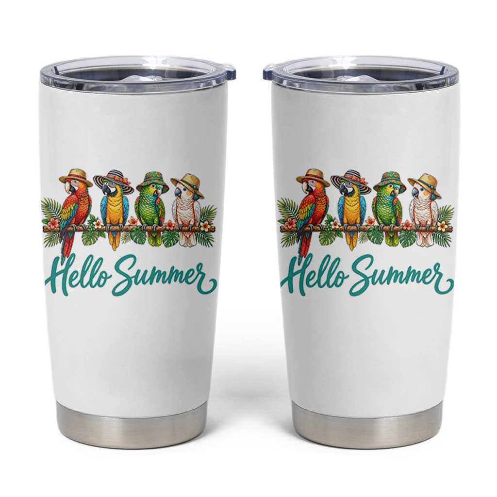 Hello Summer Parrots Tumbler Cup Tropical Beach Vacation Graphic