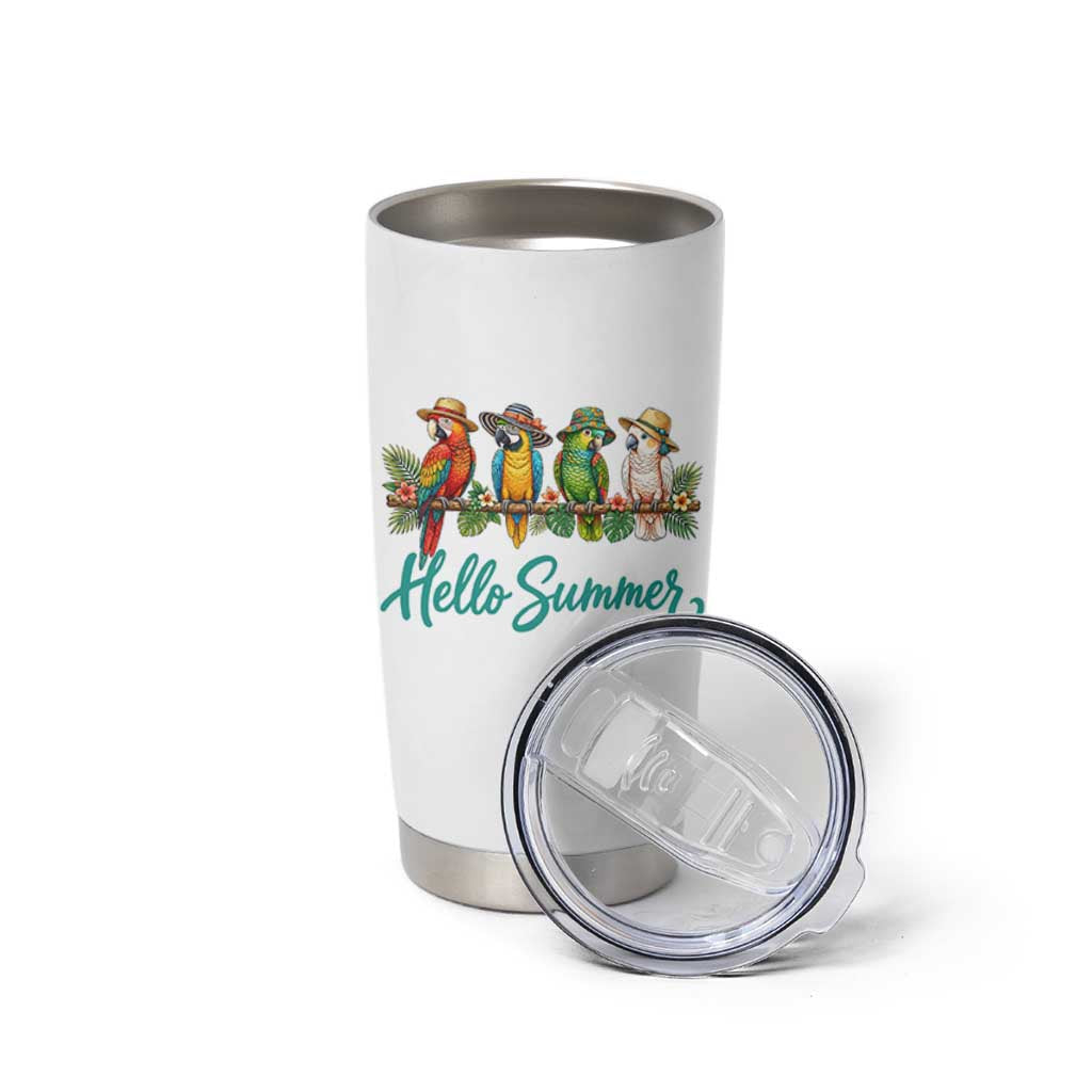 Hello Summer Parrots Tumbler Cup Tropical Beach Vacation Graphic