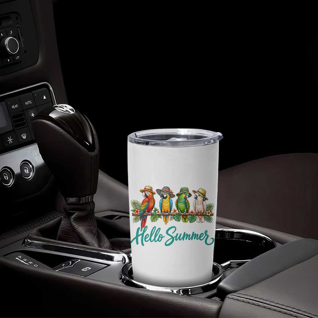 Hello Summer Parrots Tumbler Cup Tropical Beach Vacation Graphic