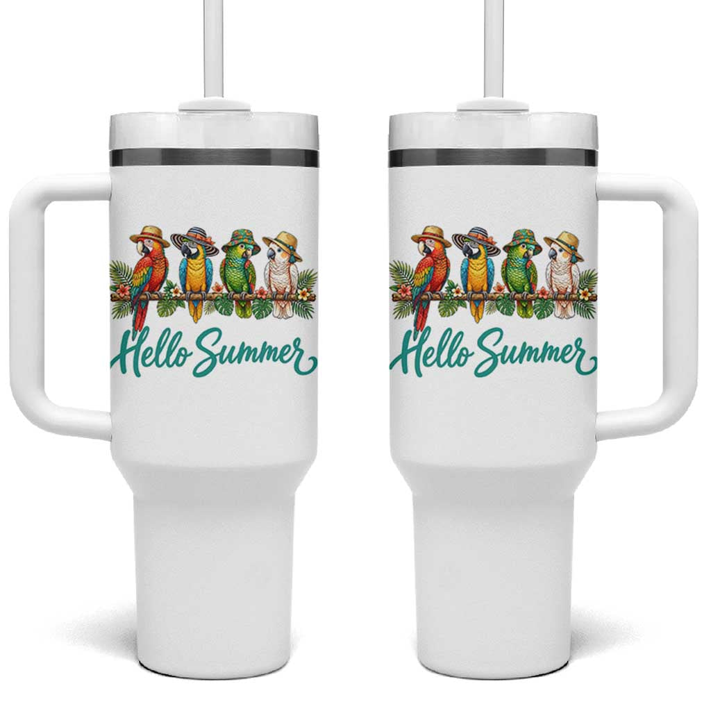 Hello Summer Parrots Tumbler With Handle Tropical Beach Vacation Graphic