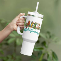 Hello Summer Parrots Tumbler With Handle Tropical Beach Vacation Graphic
