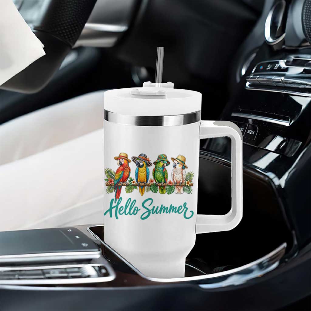 Hello Summer Parrots Tumbler With Handle Tropical Beach Vacation Graphic