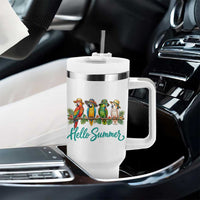Hello Summer Parrots Tumbler With Handle Tropical Beach Vacation Graphic