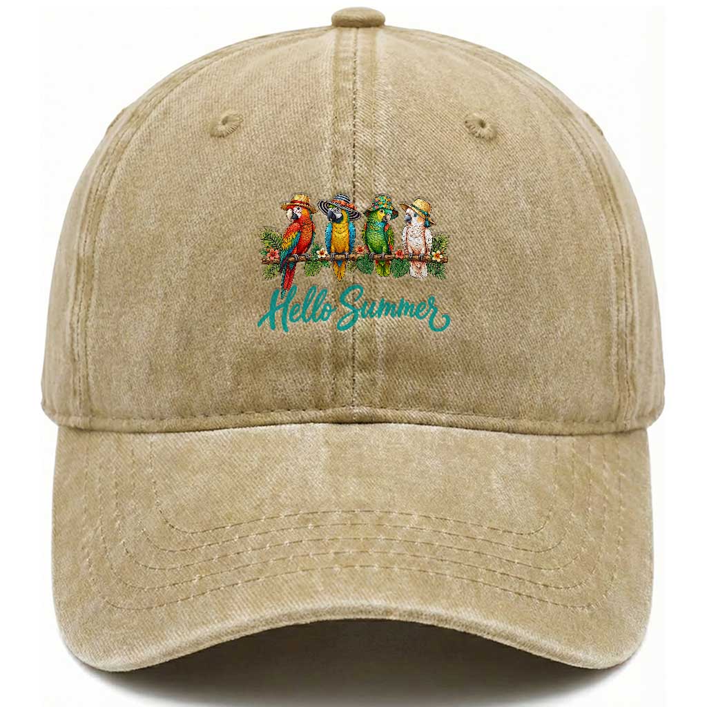 Hello Summer Parrots Washed Cotton Baseball Cap Tropical Beach Vacation Graphic