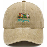 Hello Summer Parrots Washed Cotton Baseball Cap Tropical Beach Vacation Graphic
