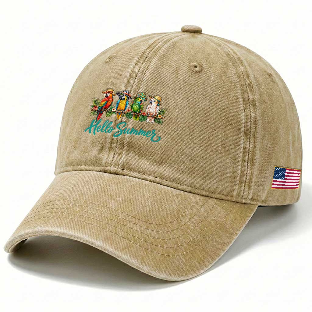 Hello Summer Parrots Washed Cotton Baseball Cap Tropical Beach Vacation Graphic