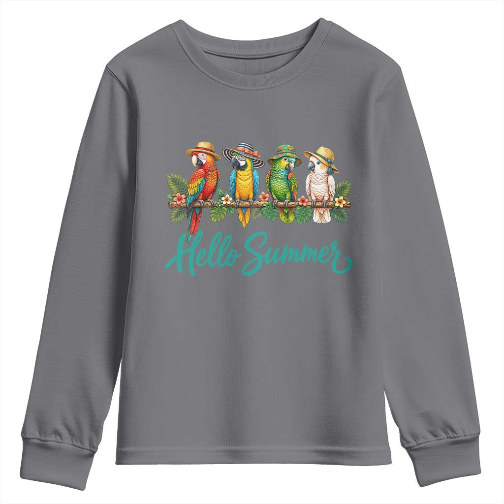 Hello Summer Parrots Youth Sweatshirt Tropical Beach Vacation Graphic