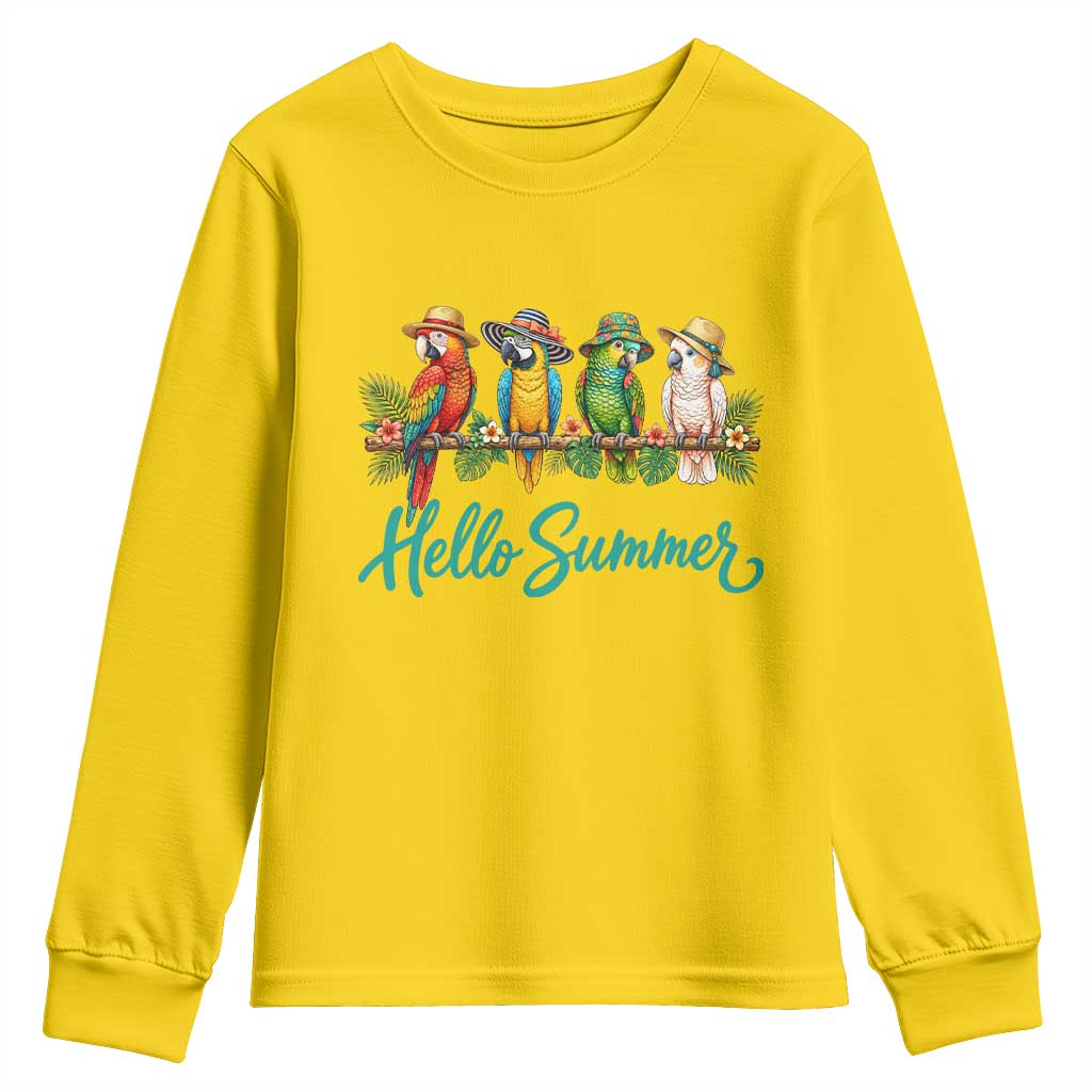 Hello Summer Parrots Youth Sweatshirt Tropical Beach Vacation Graphic
