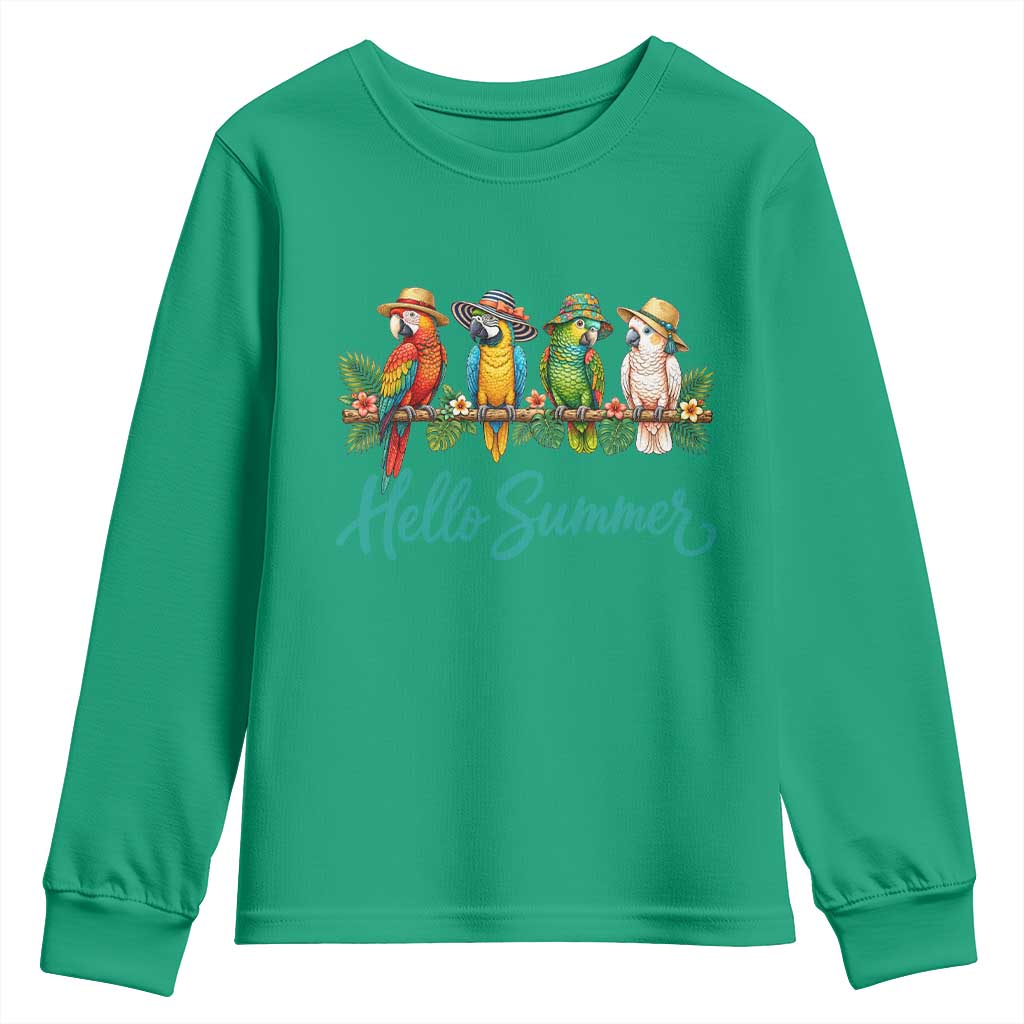 Hello Summer Parrots Youth Sweatshirt Tropical Beach Vacation Graphic