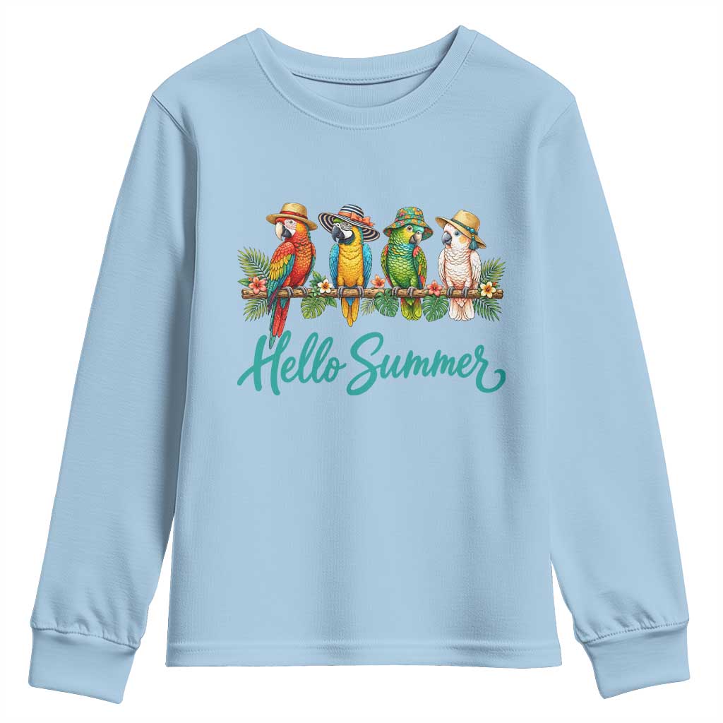 Hello Summer Parrots Youth Sweatshirt Tropical Beach Vacation Graphic