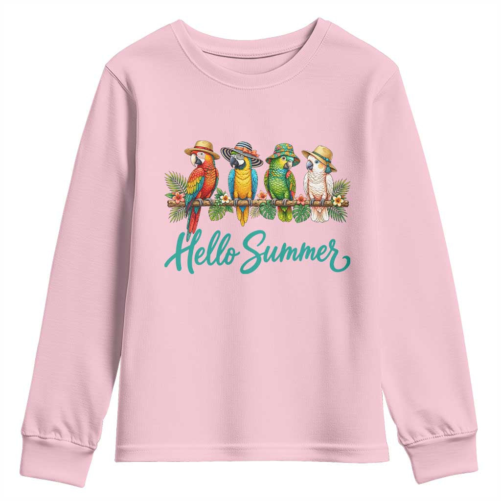 Hello Summer Parrots Youth Sweatshirt Tropical Beach Vacation Graphic